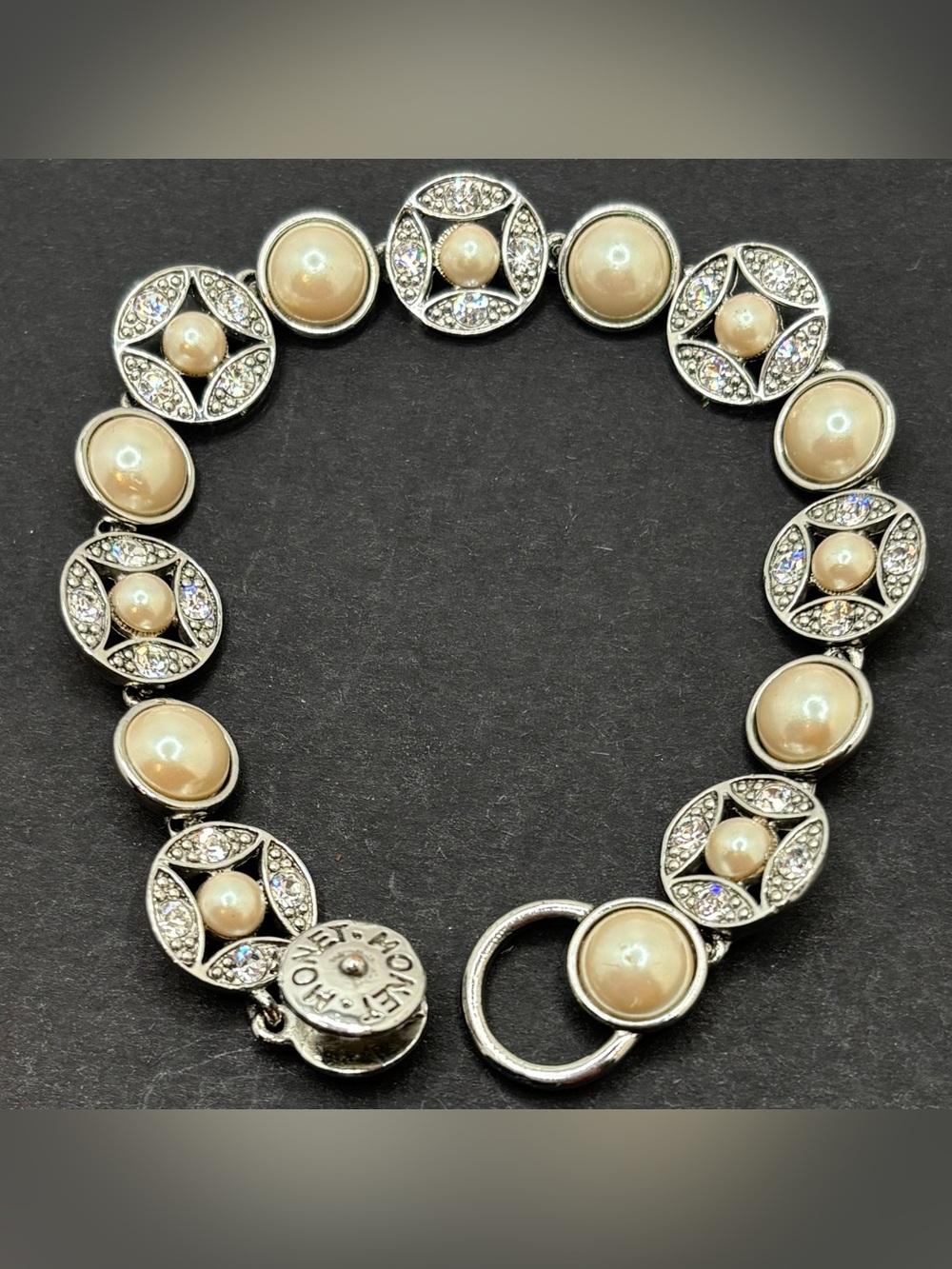 Monet Vintage Silver Faux Pearl Rhinestone Art Deco Link Bracelet 7.5"